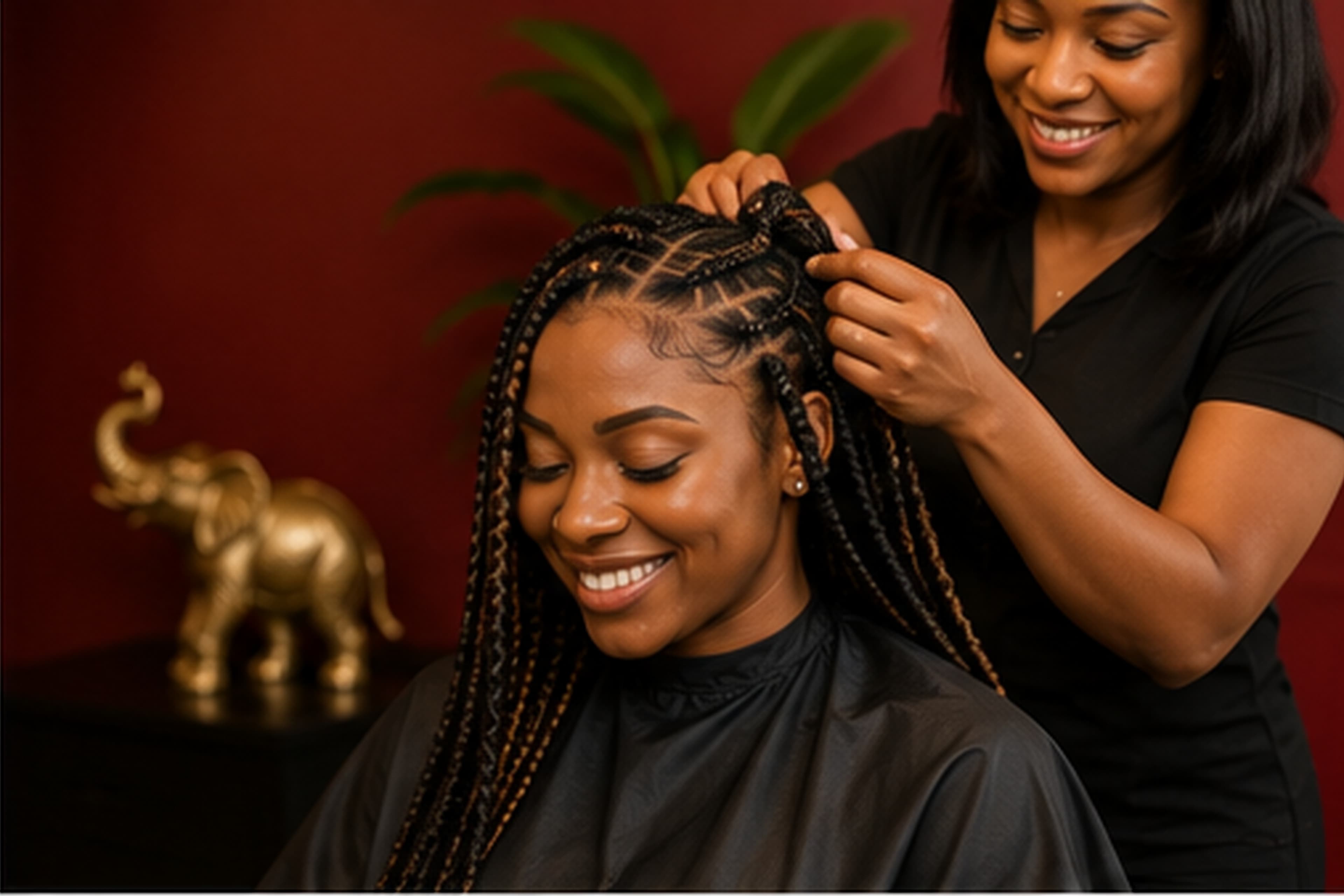 Client smiling while having her hair braided