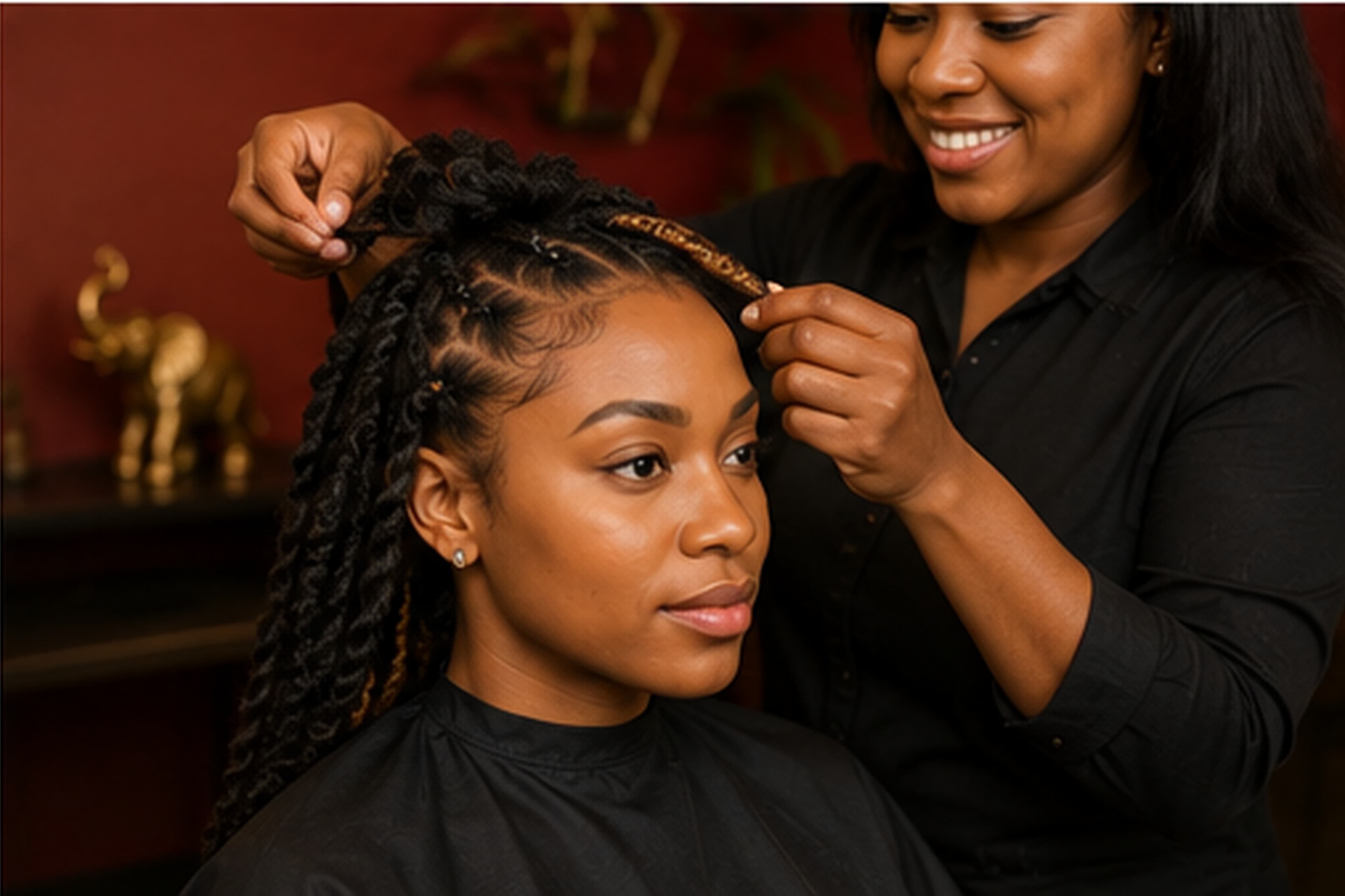 Braiding touch-up in the studio