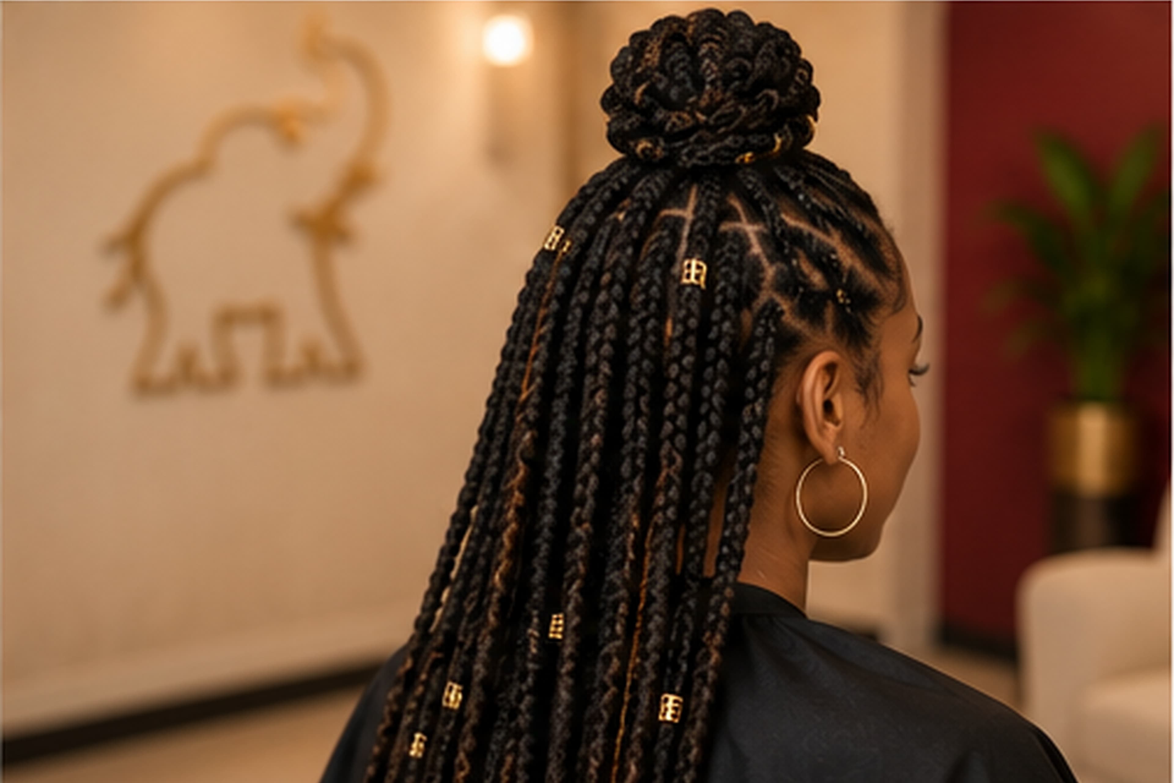 Long braids with gold cuffs gathered in a bun, back view, at Hair Essence