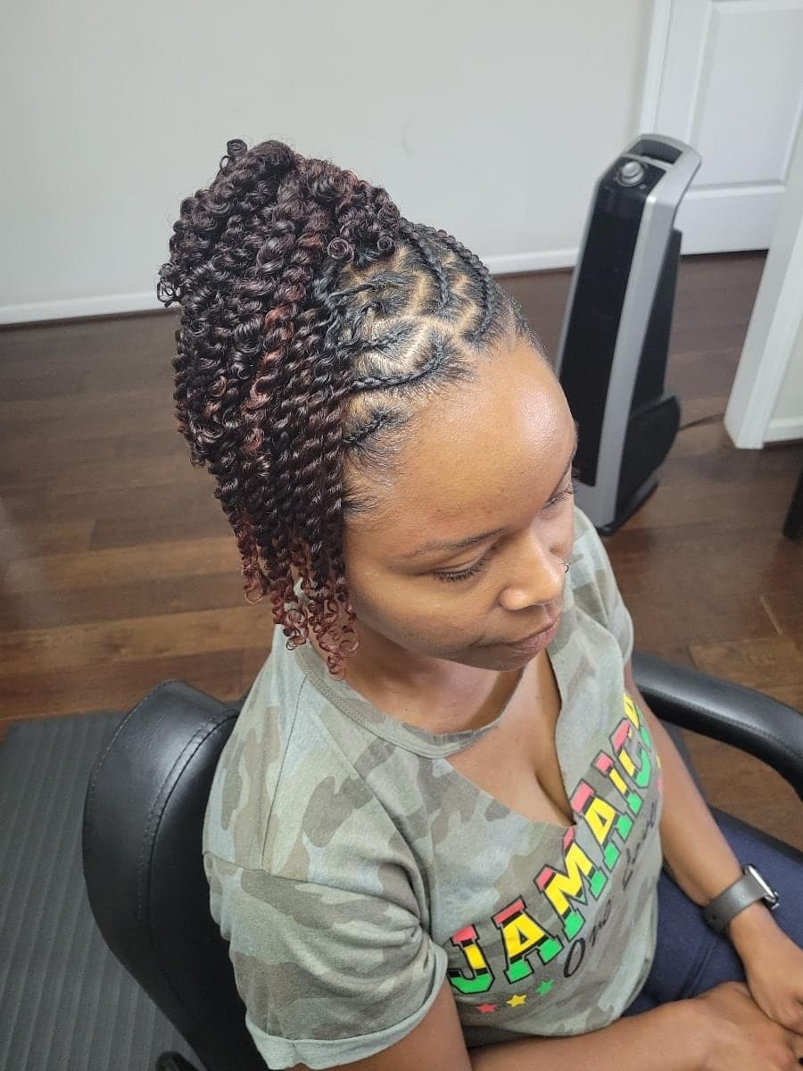 Two-strand twist updo with burgundy tips