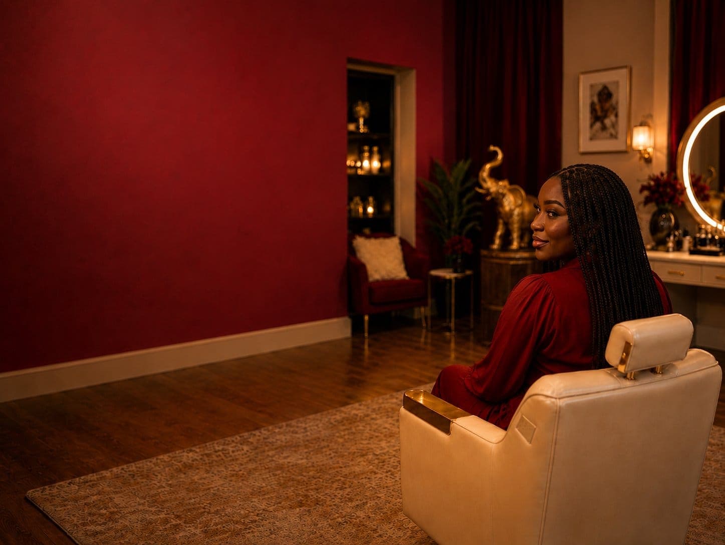 Patrice Dash seated in the Hair Essence studio in Lexington, South Carolina — deep burgundy walls, a lit vanity, red florals, and the gold raised-trunk elephant