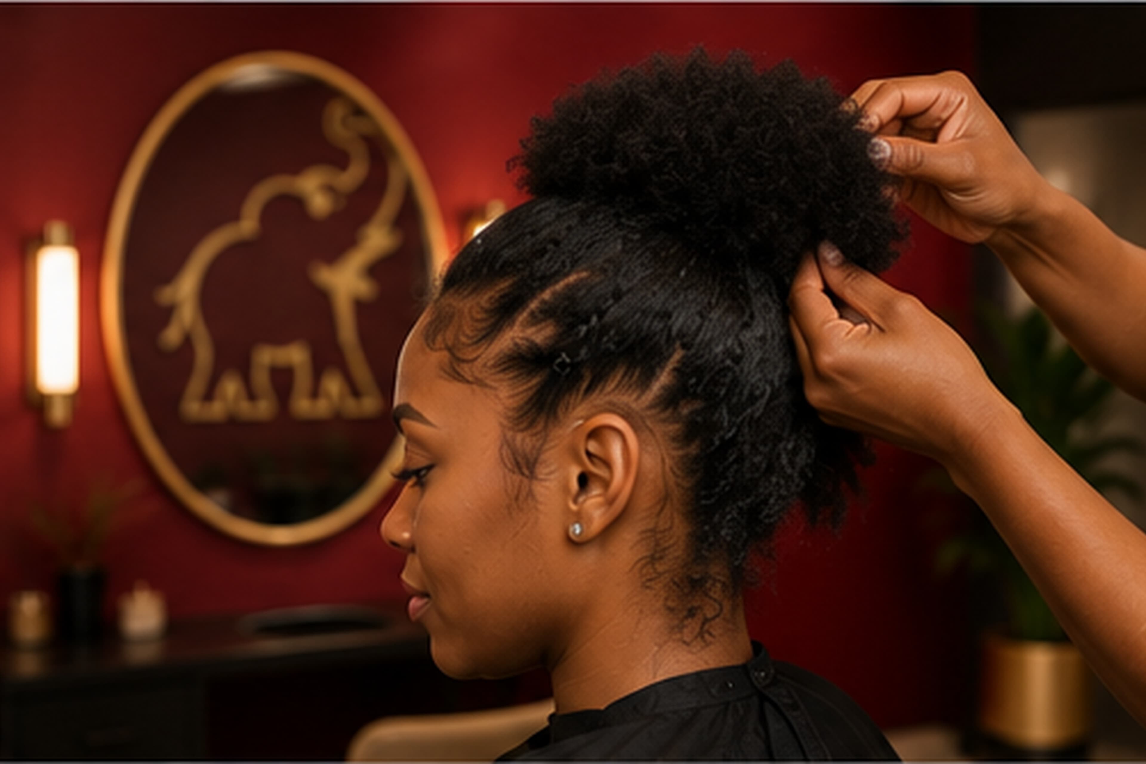 Natural hair styled into a soft curly updo at Hair Essence